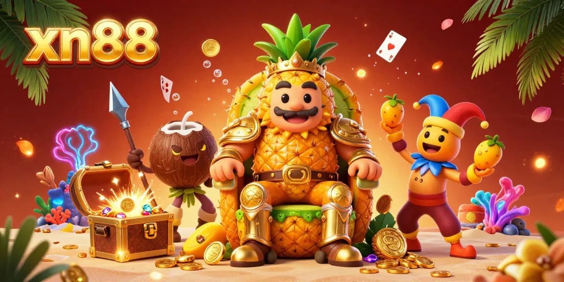 Experience thrilling gameplay with xn88 in this vibrant beach casino scene, featuring a golden pineapple king.