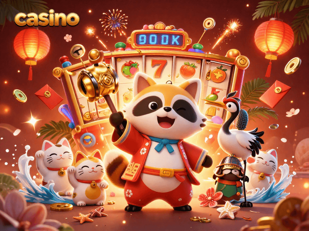 Engaging casino scene with cheerful tanuki, crane, and fortune cats in 3D art style.