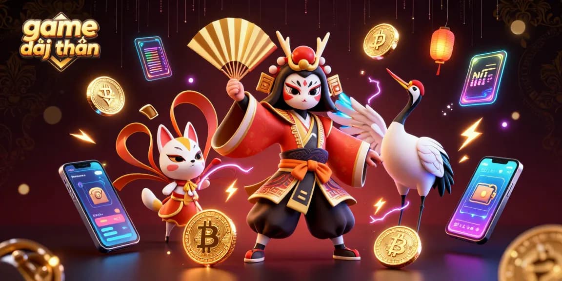 Experience the excitement of game đổi thưởng in a vibrant 3D digital illustration loaded with casino elements.