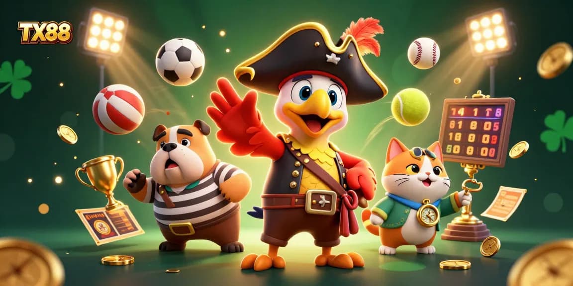 TX88 pirate captain leading an exciting sports betting adventure with dynamic symbols and vibrant energy