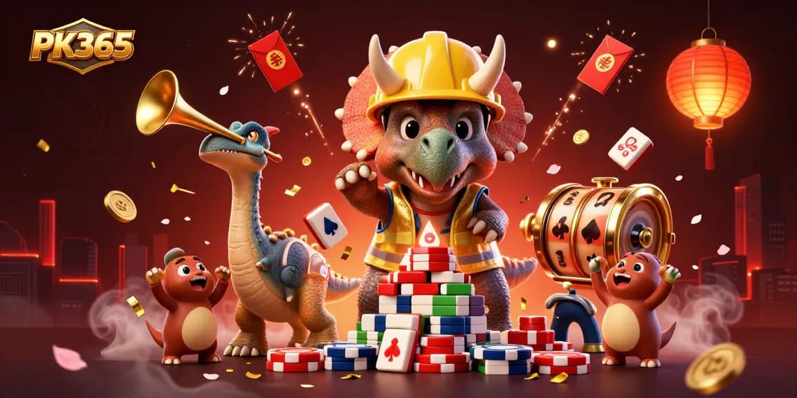 Engage in games on PK365, where a vibrant triceratops builds a poker chip pyramid amidst festive casino elements.