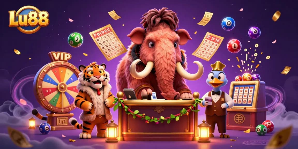 Lu88 casino scene with a woolly mammoth bouncer, vibrant lottery elements, and a saber-tooth tiger guest.