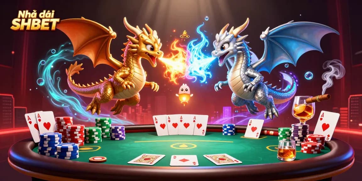 Engage in thrilling gameplay at Nhà cái SHBET, featuring a vibrant casino scene with dragons and poker elements.