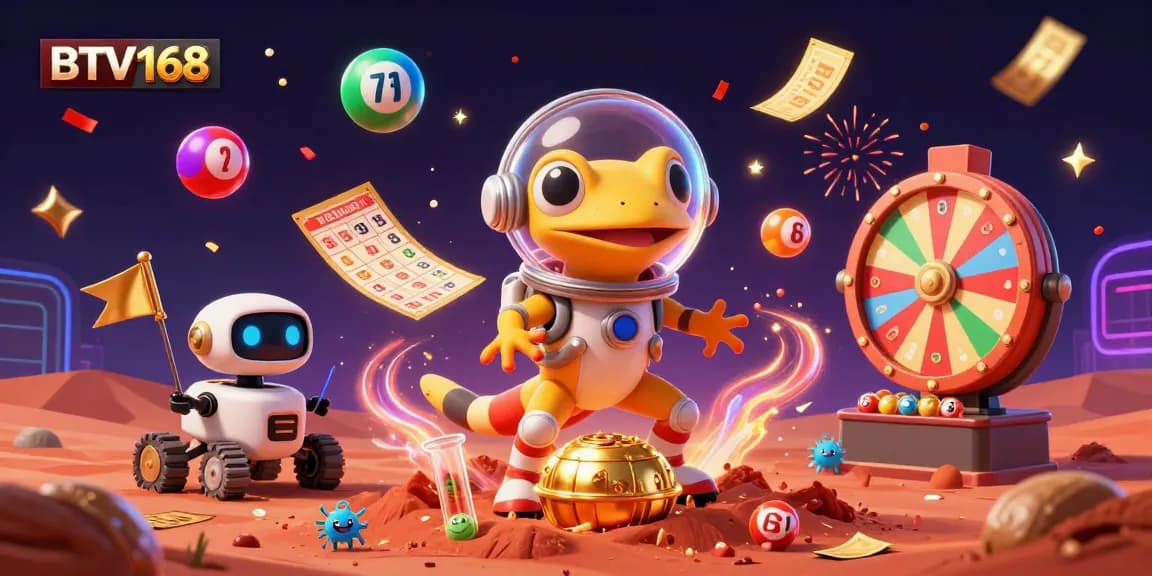 BTV168 lottery excitement with dynamic aliens and casino treasures celebrating amidst vibrant game elements