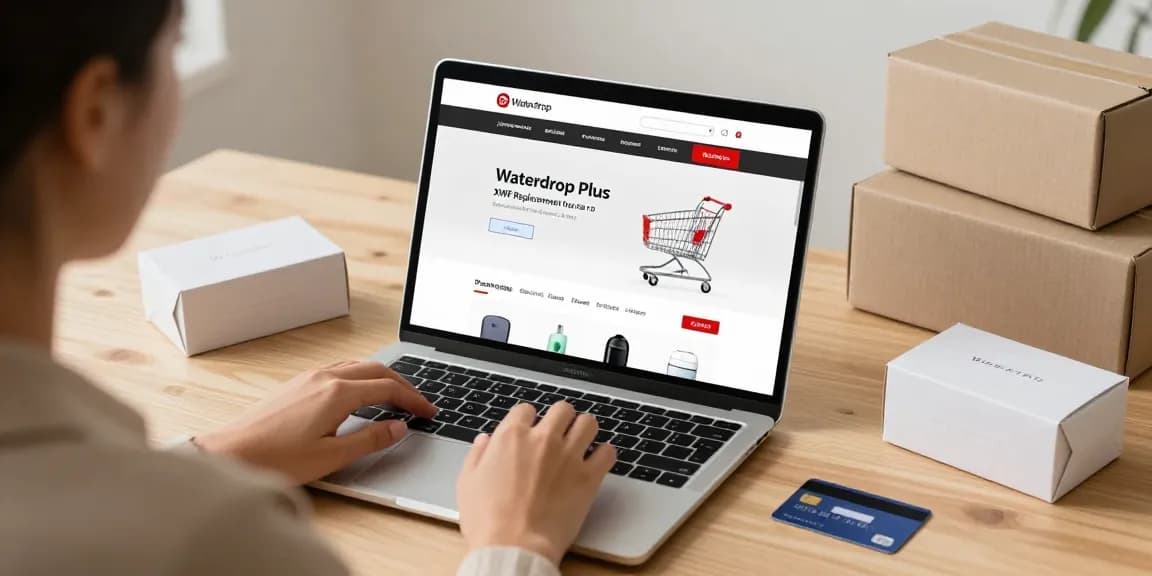 Waterdrop Plus XWF Replacement for GE® XWF in an online shopping experience, showcasing product reviews and best deals on a digital marketplace.