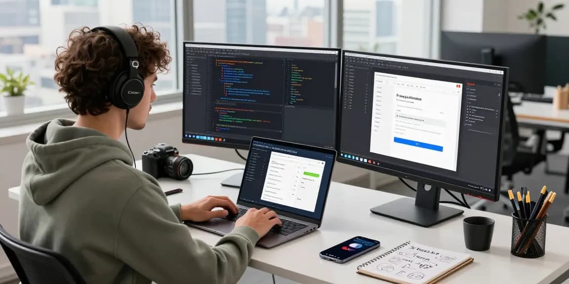 Developer at digital workspace refining features for teiegramin.com in a modern office.