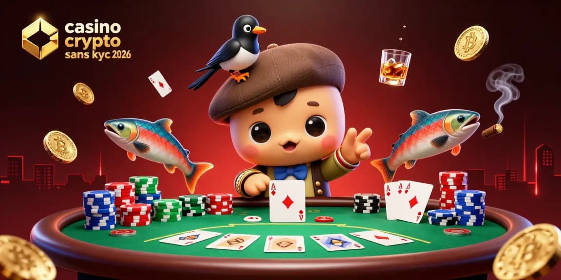 Découvrez l'animation captivante de casino crypto sans kyc 2026 avec des icônes de poker et des personnages uniques.