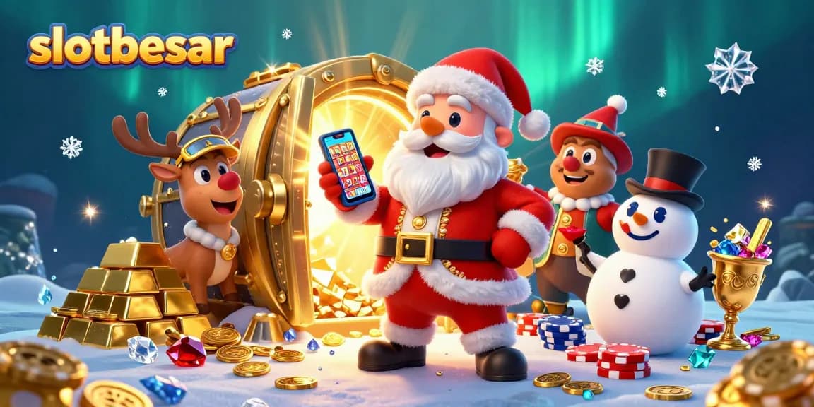 Experience slotbesar thrill with Santa and friends in a lively casino scene filled with treasures.