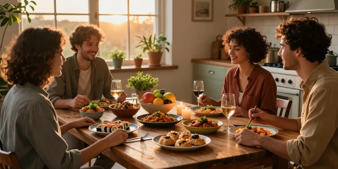 Friends enjoying a diverse homemade meal around a table at cuisines-a-flo.com during golden hour.