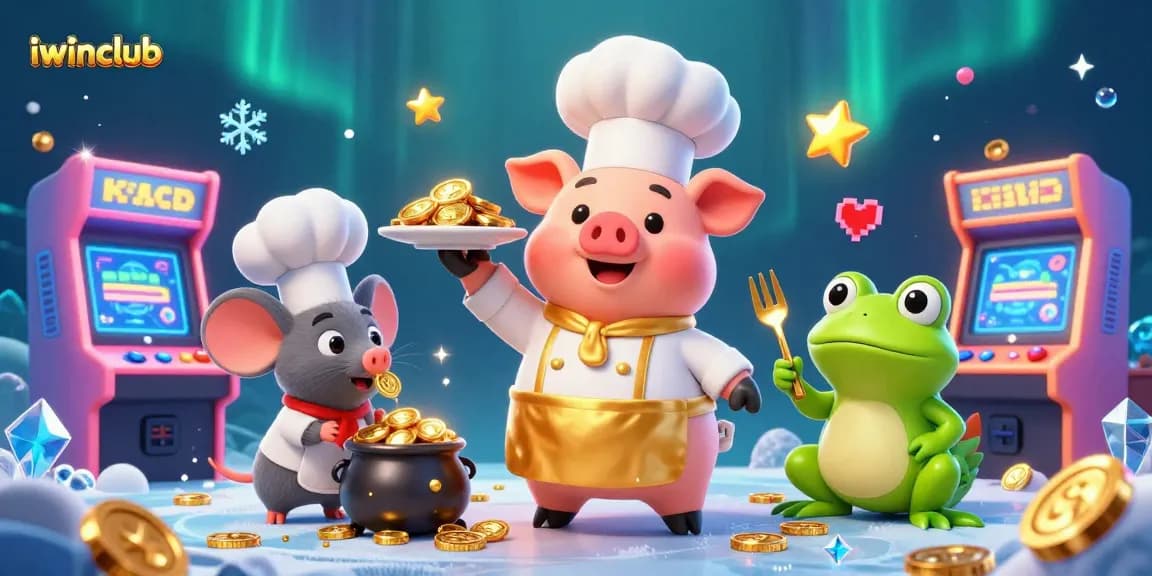 Engage in thrilling gameplay adventures at iwinclub, where a vibrant cartoon chef, mouse, and frog celebrate gaming success amidst glittering gold coins and arcade machines.