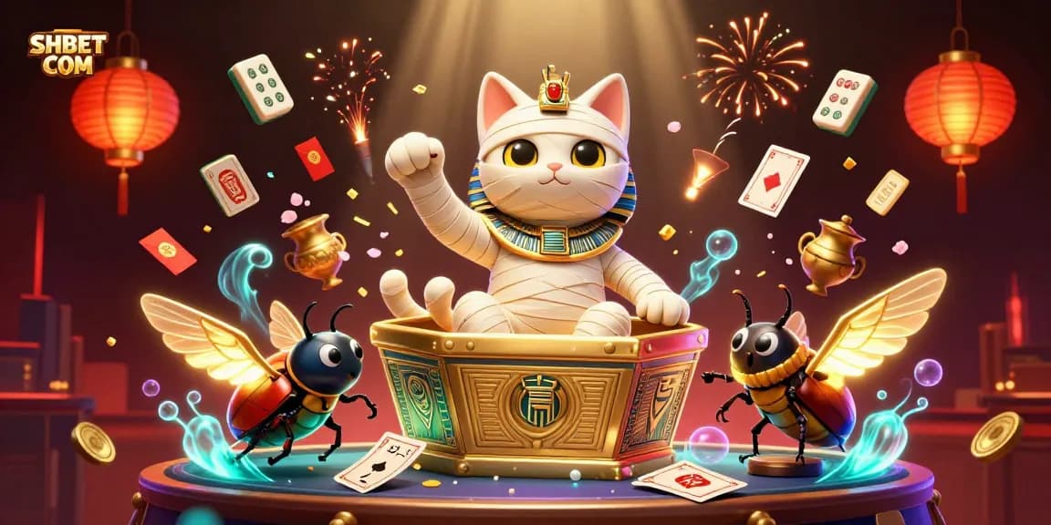 Engage with exciting games at SHBET COM with an Egyptian mummy cat and vibrant casino elements