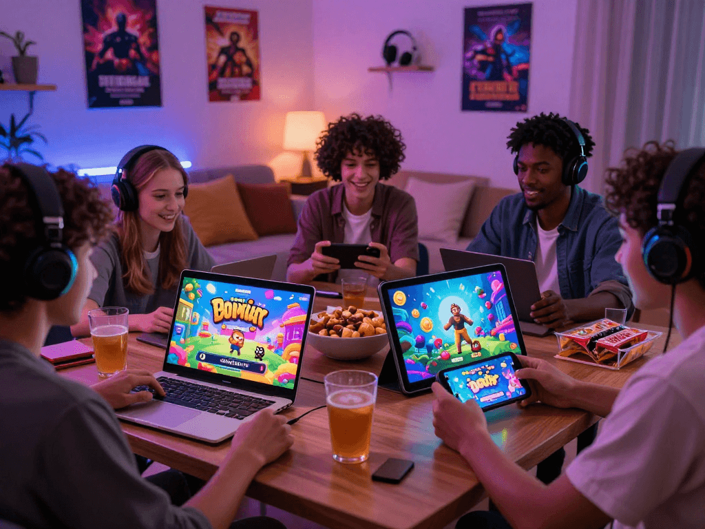 Engaging scene of players enjoying porngames on various devices in a cozy room, illustrating a fun online gaming atmosphere.