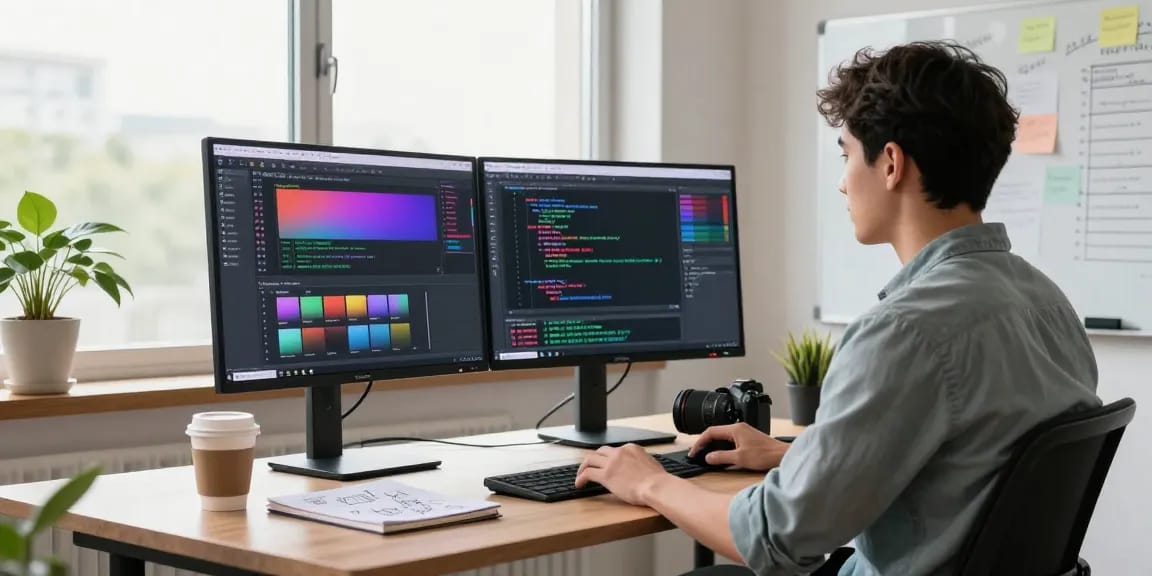 Efficient workspace showcasing a developer using a 截图工具 on dual monitors with natural lighting and detailed notes.