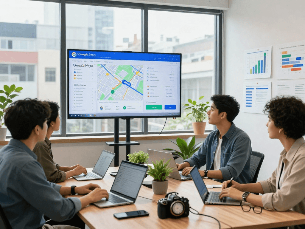Business owner analyzing Google Maps SEO services performance metrics in a modern office.