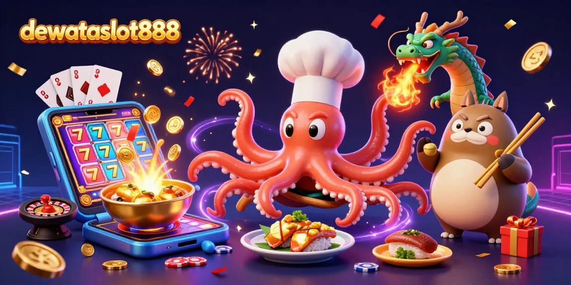 Raih kemenangan dengan dewataslot888, menyaksikan koki octopus dan naga bermain pada mesin slot.