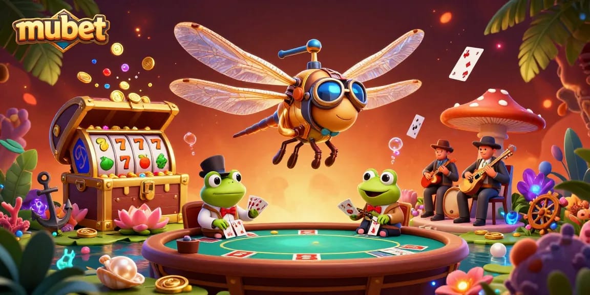 Experience the vibrant world of mubet as a dragonfly pilot interacts with a vibrant lily pad casino and lively characters.