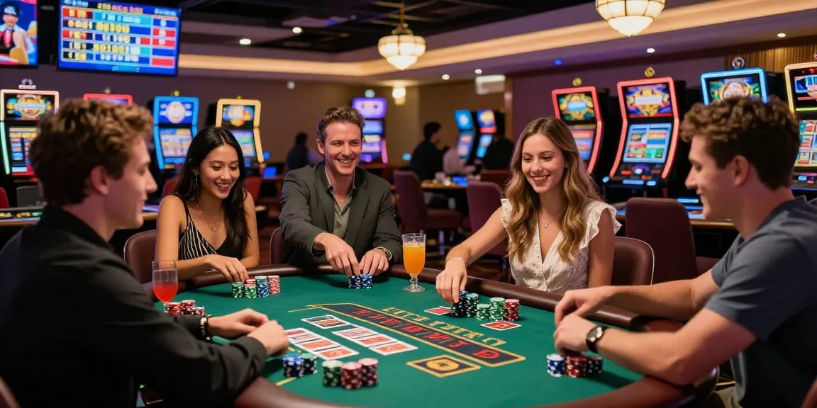 Friends enjoying newbet4d at a blackjack table in a lively casino.