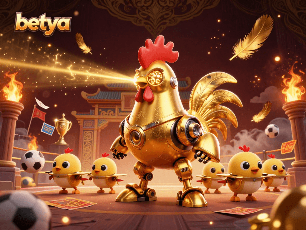 Engage with betya's exciting sports betting scene featuring a golden rooster robot and dynamic elements.