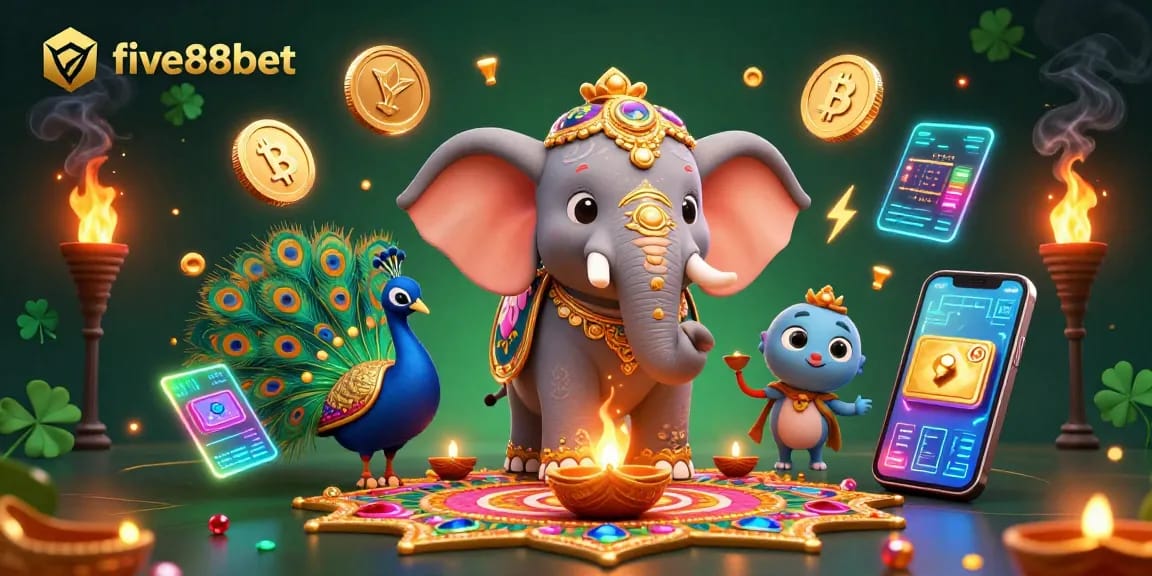 Experience the vibrant world of five88bet with a Diwali-themed casino illustration featuring crypto elements.