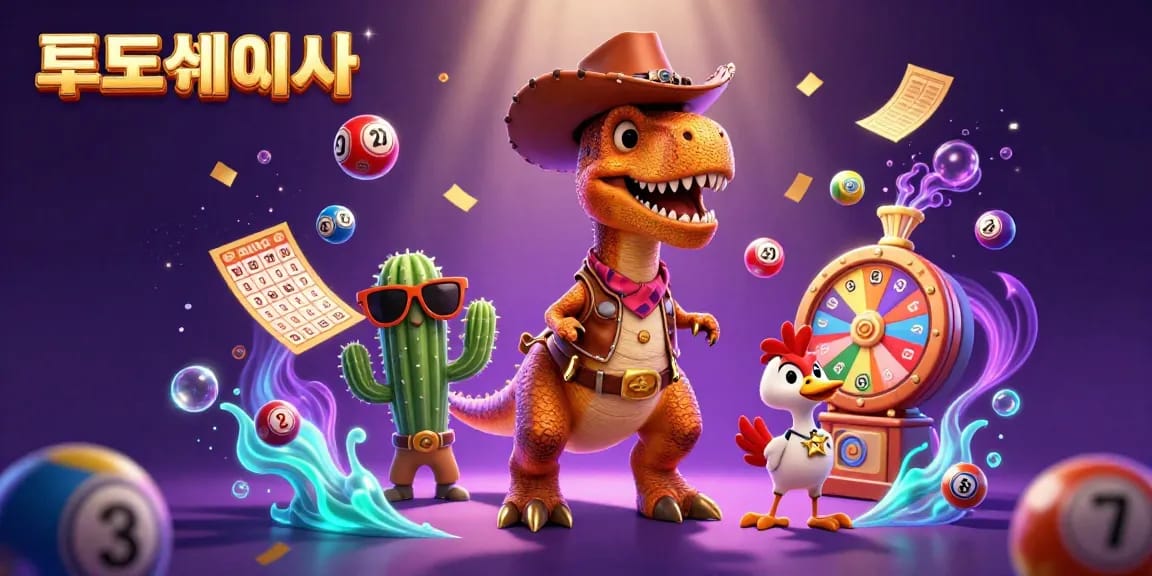 Engage with 토토사이트 in a vibrant 3D casino scene featuring cartoon characters and dynamic lottery elements.