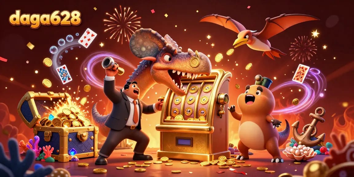 daga628 showcases a dynamic scene of a pachycephalosaurus celebrating a jackpot at a casino, enveloped by coins and treasures.
