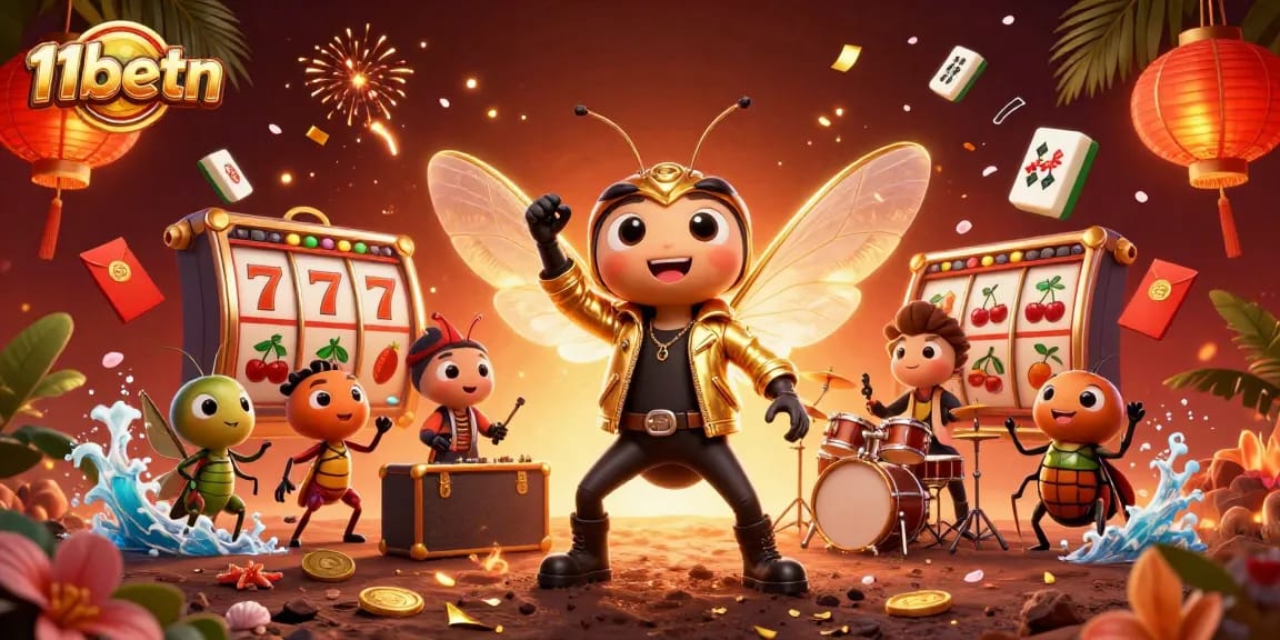 Engage with 11betn's vibrant casino experience featuring a rock star cicada in a golden jacket.