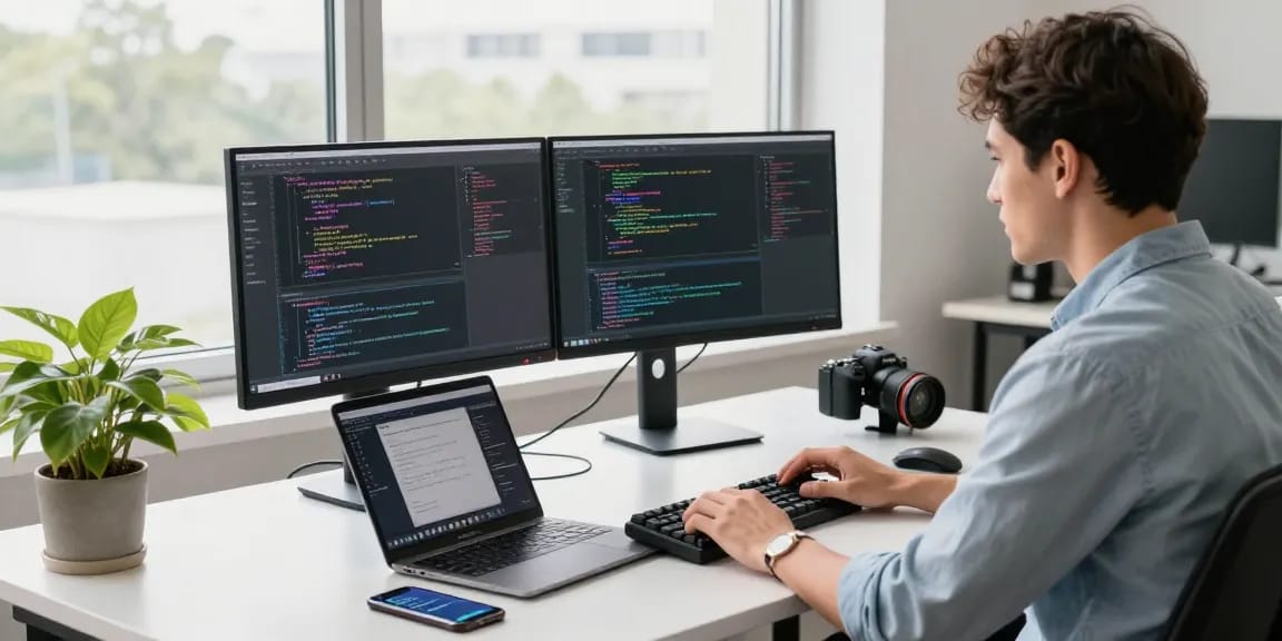 纸飞机中文版 app showcased on a developer's dual monitor setup in a modern tech workspace, illustrating the coding environment.