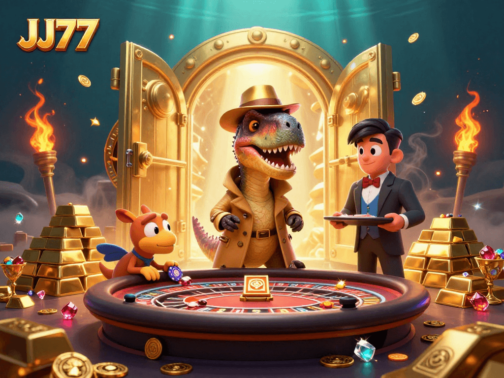Experience exciting gameplay at JJ77's vibrant casino with dynamic scene featuring animated characters.