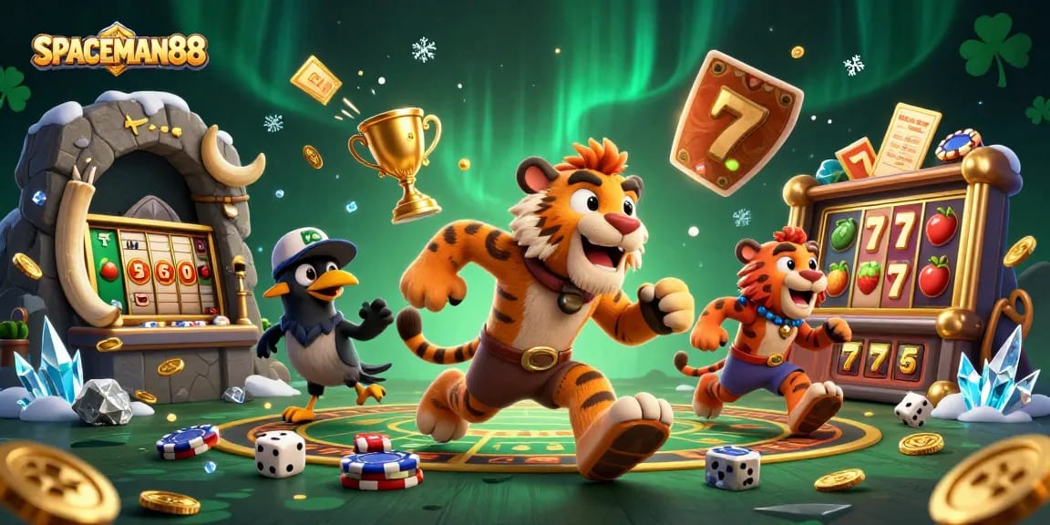 SPACEMAN88 showcases a thrilling vintage casino scene with caveman characters and dynamic slot game elements.