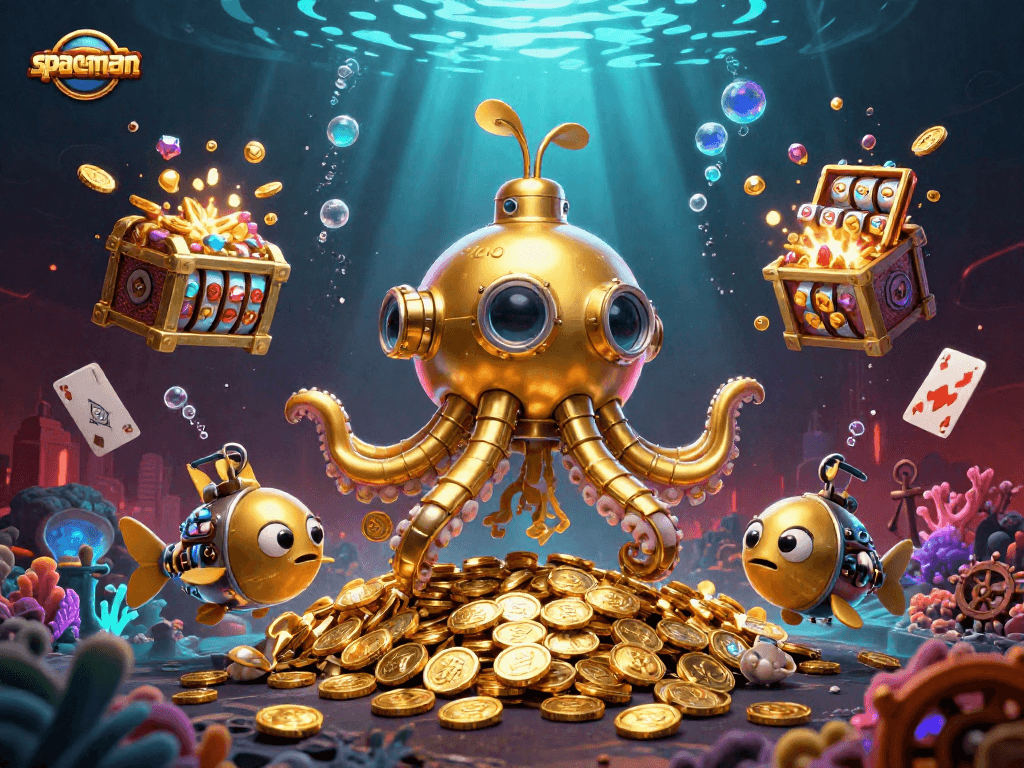 Join the spaceman adventure with a kraken submarine and slot reels amidst golden treasure.