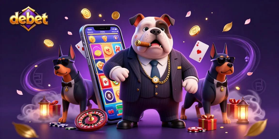 Engage with debet's premium gaming experience featuring a mafia boss bulldog amidst vibrant casino elements.