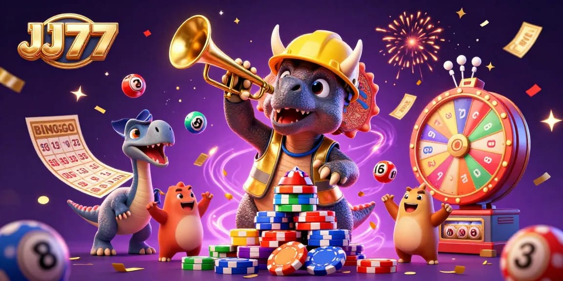 JJ77 casino app illustration featuring a triceratops and a parasaurolophus celebrating with colorful game elements.