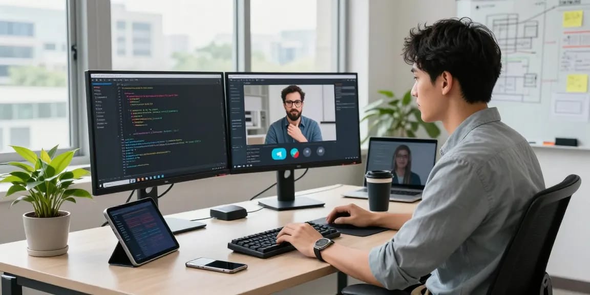Dynamic tech workspace featuring a professional collaborating on telegramin-cn.com interface with dual monitors and modern gadgets.