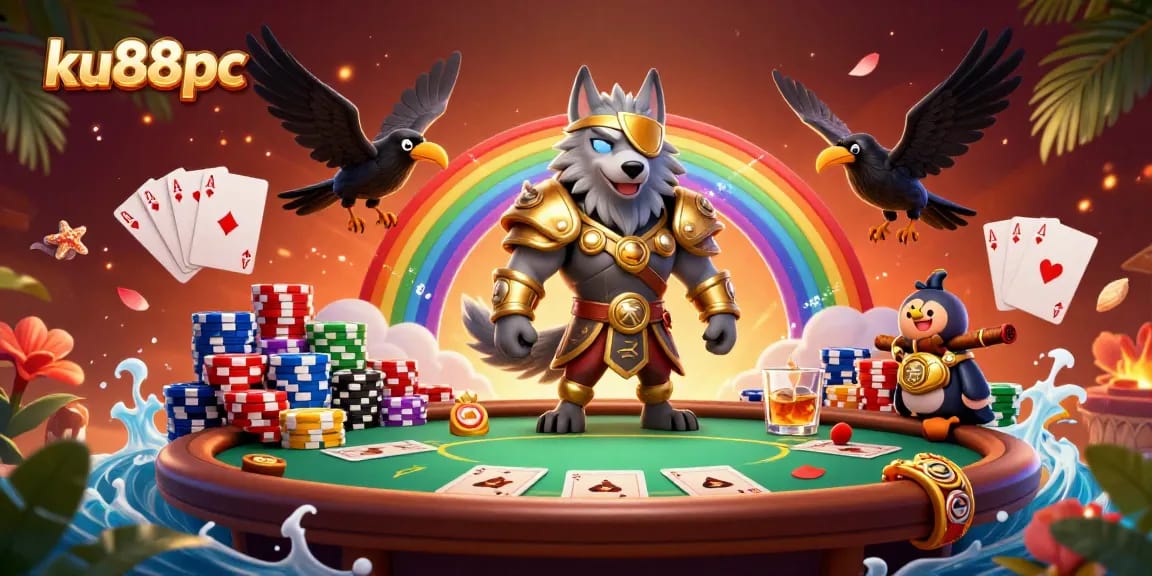 Experience exciting gambling adventures with ku88pc, featuring Odin and his ravens in a 3D casino scene.