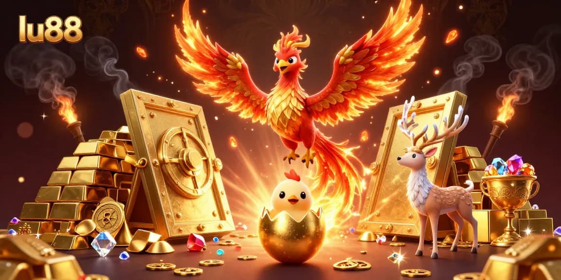 Experience exciting gaming at lu88 with a dynamic scene featuring mythical creatures and treasures.