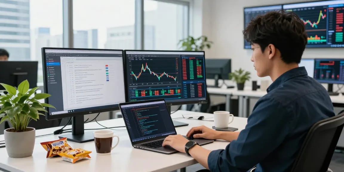 Developers integrating Japan stock fundamental data API in a modern financial office.