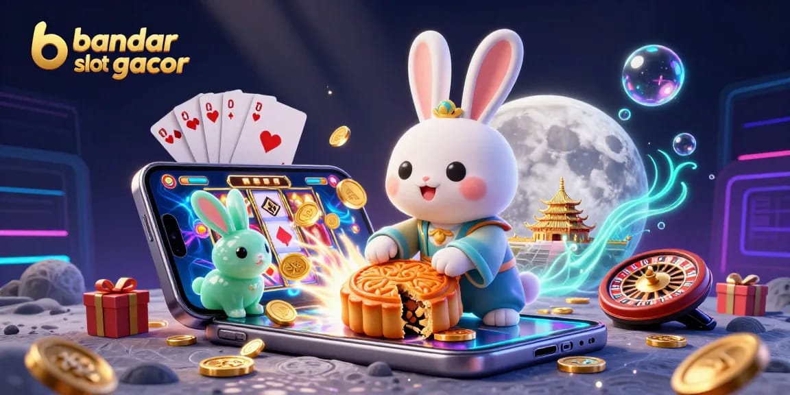 Melihat bandar slot gacor dengan kelinci bulan tradisional dan permainan slot menarik di latar belakang.