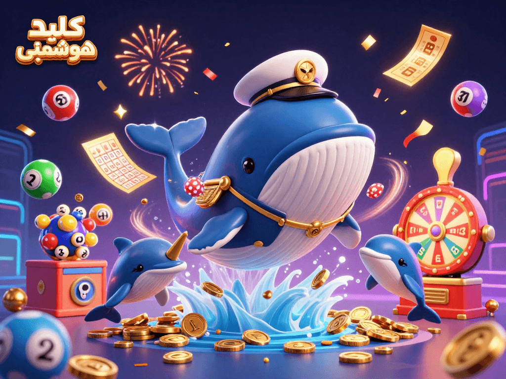 Engage with کلید لمسی هوشمند as the whale dominates a sea of coins amidst vibrant lottery elements.