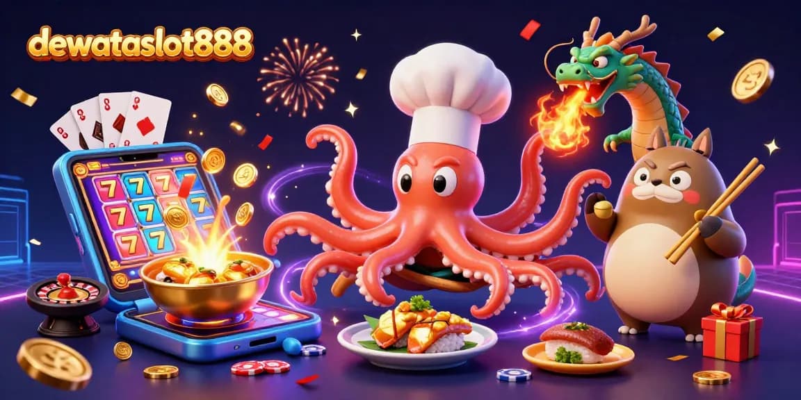 Raih kemenangan dengan dewataslot888, menyaksikan koki octopus dan naga bermain pada mesin slot.