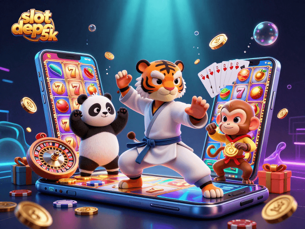 Experience excitement with slot depo 5k in a vibrant cartoon scene full of animated characters and casino elements.