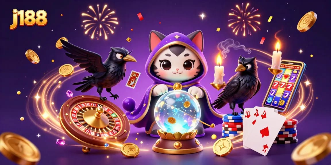 Join the excitement at j188 with a vibrant casino illustration featuring a mystic fortune teller and gaming elements.