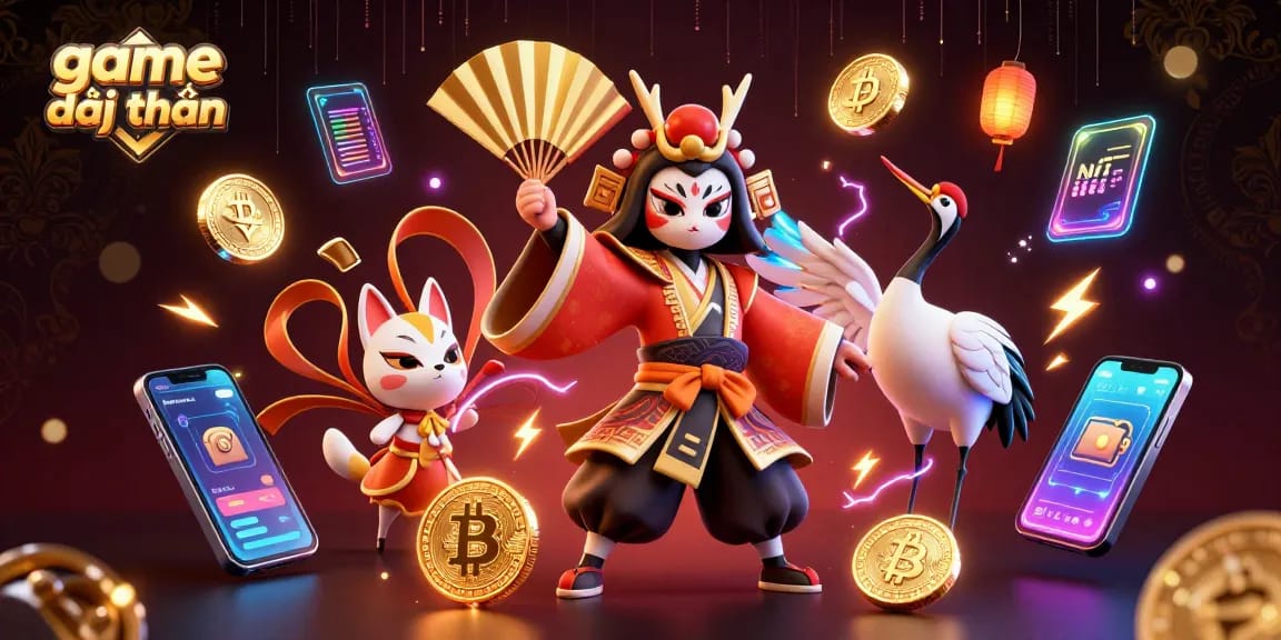 Experience the excitement of game đổi thưởng in a vibrant 3D digital illustration loaded with casino elements.