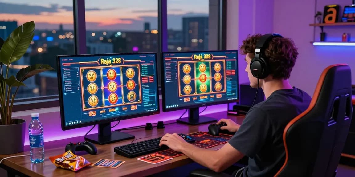 Exciting Raja 328 gaming scene with vibrant screens and enthusiastic player.