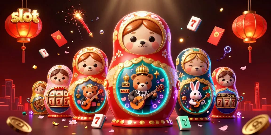 Spin slot reels with adorable dealer bears and festive elements in this vibrant scene.