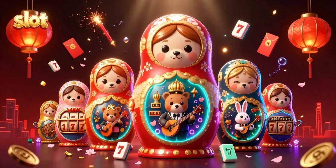 Spin slot reels with adorable dealer bears and festive elements in this vibrant scene.