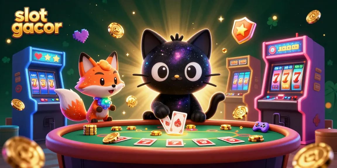 Experience the thrill of slot gacor with a playful black hole cat and colorful nebula fox in a cosmic casino.