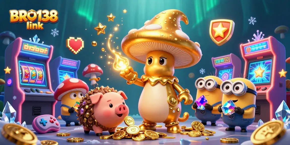 Play and win with BRO138 link in an engaging casino-themed scene featuring magical characters and exciting game elements.