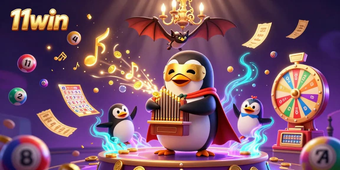 Experience 11win's vibrant gambling world as the cartoon penguin plays a golden organ amidst dynamic lottery elements.
