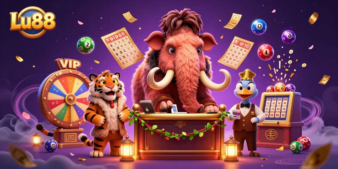 Lu88 casino scene with a woolly mammoth bouncer, vibrant lottery elements, and a saber-tooth tiger guest.