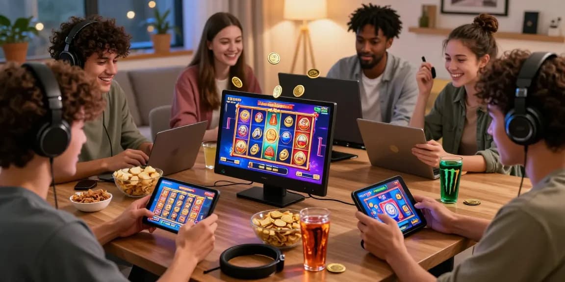 Group of gamers enjoying online slots while depositing pulsa tanpa potongan in a lively gaming setting with vibrant graphics and snacks.